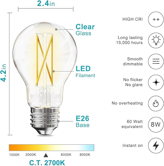 TJOY 24 Pack A19 Vintage LED Edison Bulbs, Dimmable, 60W Equivalent, High Brightness 2700K Warm White, 8W E26 Standard Base, 800 Lumens, CRI80+, Clear Glass Filament Bulb for Home, Farmhouse