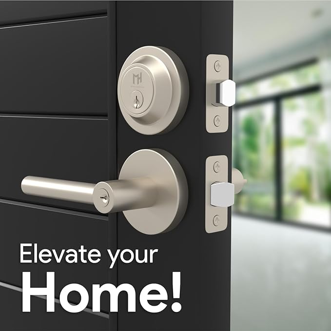 Mega Handles Ronn Entrance Combo, Entry Lever Door Handle and Single Cylinder Deadbolt Lock and Key Combo Pack, Heavy Duty Round Locking Door Levers Set for Left or Right-Handed Doors - Satin Nickel