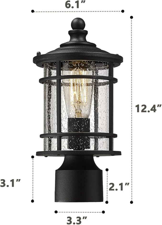 Emliviar Lamp Post Light Fixture - Modern Outdoor Post Light with Seeded Glass 12.5 Inch, Black Finish, XE229P-S BK