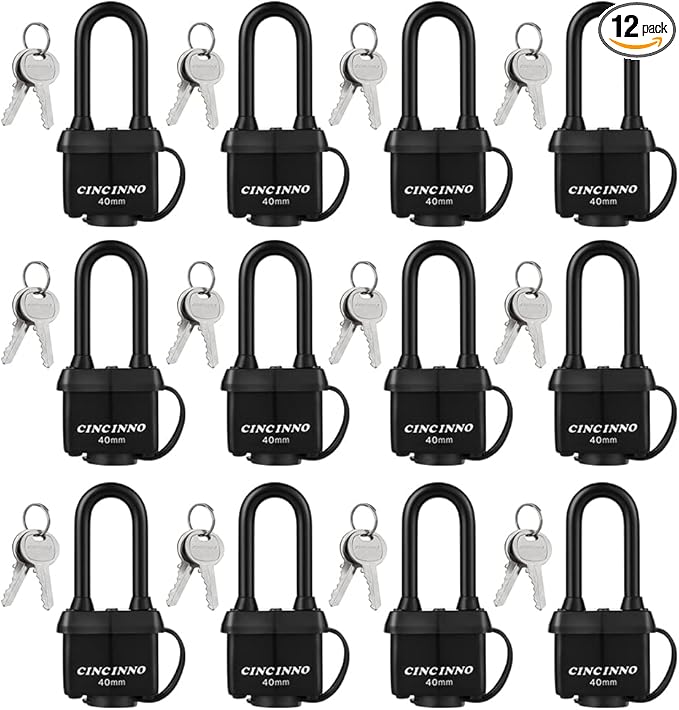 Heavy Duty Weatherproof Laminated Padlock with Key，2.2 Inch Long Shackle Pad Lock with Same Key for Door, Gate, Shed, Trailer, Storage, Chain, 12 Pack
