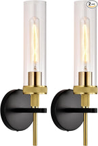 Black and Gold Bathroom Light Fixtures Over Mirror, Wall Sconces Set of 2 with Knurled Texture, Modern Industrial Vanity Lights with Clear Glass Tube Shade, Matte Black and Gold Wall Lamps for Bedroom