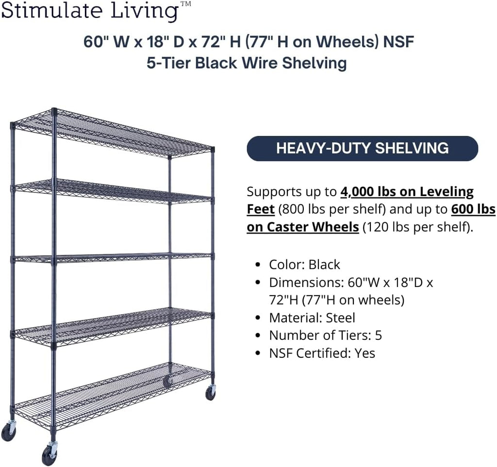 60"x18"x72" Prime Heavy Duty Black 5-Tier Wire Shelving NSF 4000 LBS MAX Capacity Storage Rack for Commercial, Hospital, School, Garage, and Kitchen Uses (with Wheels)