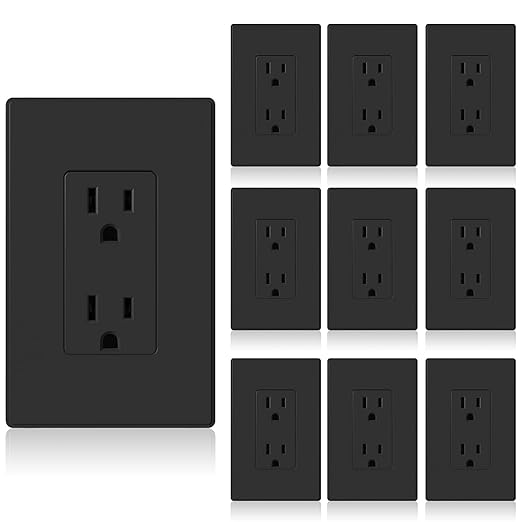 ELEGRP Matte Black Standard Decorator Electrical Wall Receptacle Outlet, 15A 125V, 2 Pole 3 Wire, Non-Tamper Resistant, NEMA 5-15R, Self-Grounding, Mid Wall Plate Included, UL Listed (10 Pack)