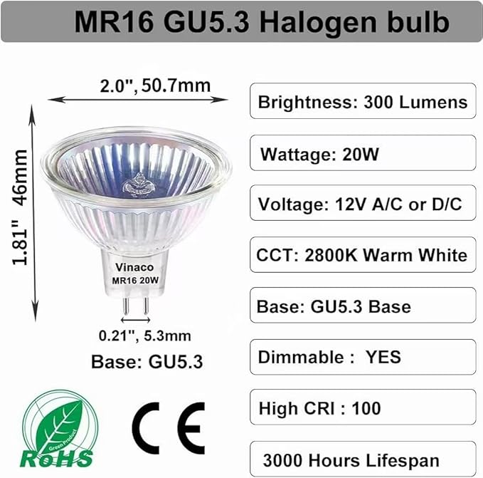 Vinaco MR16 Halogen Bulb 6 Pack, 20W 12V, 3000Hrs, Warm White, Dimmable, GU5.3 Base, Landscape & Track Lights