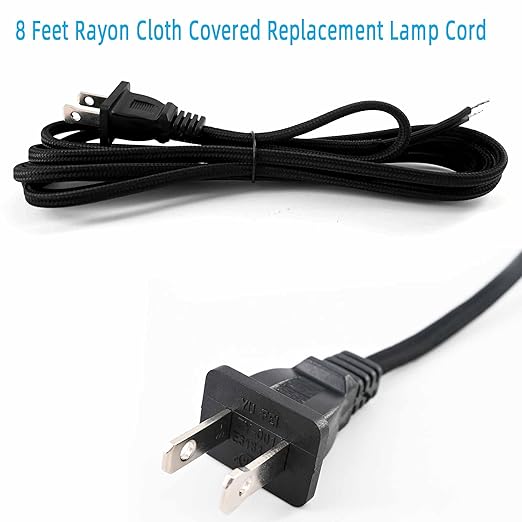 8 Feet Rayon Cloth Covered Replacement Lamp Cord with End Plug for Antique Lamp Repair DIY Project, SPT-1 Electric Wire,18 AWG, Stripped Ends,2 Pack,Black Color