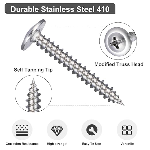 165Pcs #8 Modified Truss Head Wood Screws Assortment Kit, Stainless Steel 410 Quick Metal Self Tapping Screws, 6 Sizes (1/2", 3/4", 1", 1-1/4", 1-1/2", 2")