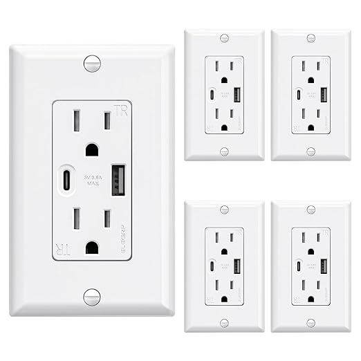 ELEGRP USB Wall Outlets, 15 Amp USB C Wall Outlets Receptacles, Outlets with USB A and USB C Ports, Tamper Resistant Receptacle, Wall Plate Included, UL Listed, 5 Pack, White