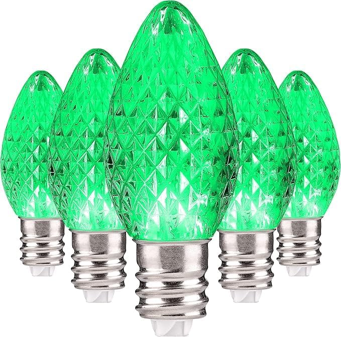 Holiday Lighting Outlet Faceted C7 Christmas Lights | Green LED Light Bulbs Holiday Decoration | Warm Christmas Decor for Indoor & Outdoor Use | 2 SMD LEDs in Each Light Bulb | Set of 25