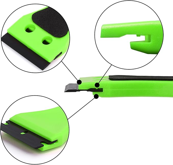 EHDIS 2pcs Plastic Razor Scraper 6-inch Long Handle Adhesive Remover Tool with 100 Double-Edge Blades for Window Tint Vinyl Scraper Decal Sticker Glue Remove (‌Neon-Green)