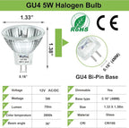 GU4 Halogen 5W, 6 Pack GU4 Base MR11 12V 5W, Long Lasting GU 4 MR 11 Dimmable with Glass Cover, MR 11 Warm White 2800K Fiber Optic Light Bulb, MR 11 Bulb with GZ4 Bi Pin Base