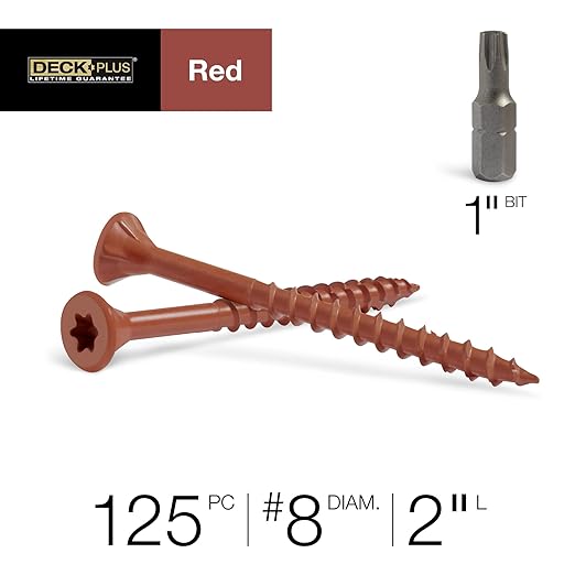 Deck Plus 2 Inch Epoxy Coated Exterior Wood and Fence Screws #8 x 2 Torx/Star Drive Included Coarse Thread, Outdoor Rust Resistant Decking Screw, Red, 1lb Box, 147 Pieces | 48427