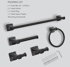 Matte Black Bathroom Hardware Set 5-Pieces, SUS304 Stainless Steel Bath Towel Bar Set Wall Mounted, Including Hand Towel Bar,Towel Ring, Toilet Paper Holder, 2Pcs Robe Towel Hook