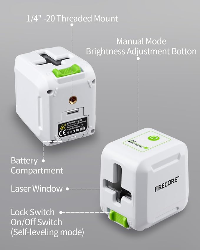 Laser Level with 50" Tripod, Firecore Self Leveling Cross Line Laser Level, Green Lazer Leveler Tool for Hanging Pictures Shelves DIY Projects, Battery and Carry Pouch Included