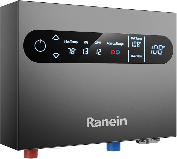 Ranein 13kW Tankless Electric Water Heater, 240V on Demand Instant Endless Water Heater with LED Temperature Display for Whole House Shower