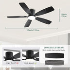 52inch Ceiling Fans with Lights, Low Profile Ceiling Fan with Light and Remote Control/APP Control, Flush Mount, Reversible DC Motor, Dimmable, Noiseless, Black Ceiling Fan for Bedroom