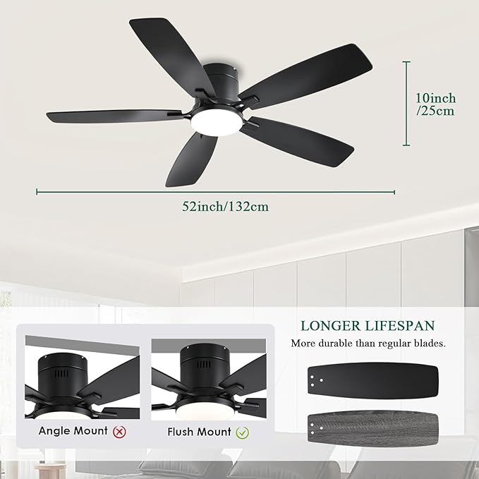 52inch Ceiling Fans with Lights, Low Profile Ceiling Fan with Light and Remote Control/APP Control, Flush Mount, Reversible DC Motor, Dimmable, Noiseless, Black Ceiling Fan for Bedroom