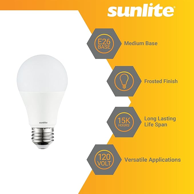 Sunlite 40421 3-Way LED A19 Light Bulb, 5/9/15 Watts (40W 60W 100W Equivalent), 500-1000-1600 Lumens, Medium E26 Base, Omni-Directional, ETL Listed, Frost, 4000K Cool White, 6 Count