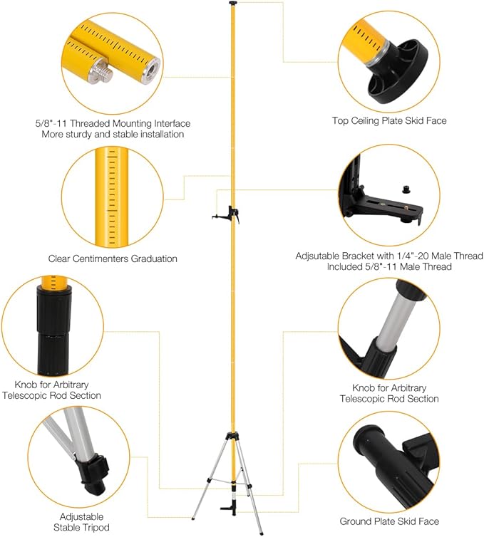 15.8Ft/4.8M Professional Laser Level Pole with Tripod & Mount - 1/4" & 5/8" Adapters, Adjustable Telescoping Laser Level Pole for Rotary/Line Lasers