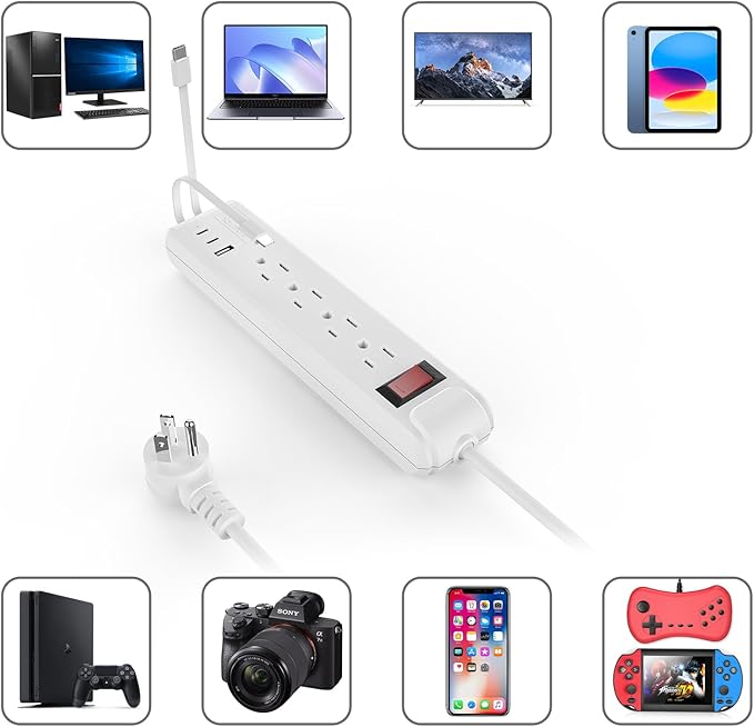 4-Outlet 6.5Ft Long Cord 2500W Power Strip Build-in Charging Cable and2 Type C (PD 23W) & USB (QC 3.0 5V3A) Fast Charging Ports (White)