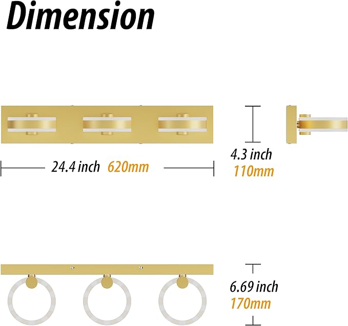 LED Bathroom Light Fixtures, 24inch Gold Vanity Lights, Modern 3 Light Acrylic Wall Sconces, 350° Rotatable Wall Lighting Fixture Over Mirror
