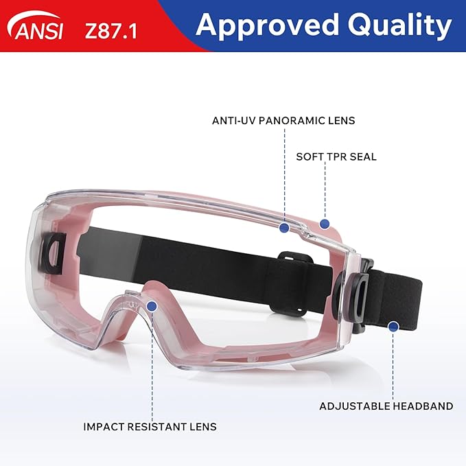 Anti Fog Safety Goggles Over Glasses, ANSI Z87.1 Certified Eye Protection for Chemistry Lab Work & Industrial Use - Wide Vision Clear Lens - Extreme Impact Resistance - Adjustable Strap (2 Pack)