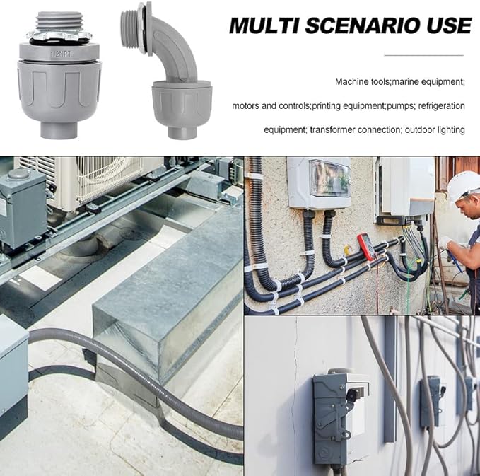 1/2 inch Liquid Tight Connector PVC Flexible Conduit Connector UL Listed Liquid Tight Conduit Fittings 20 Pack (10 pcs 180D/10 pcs 90D)