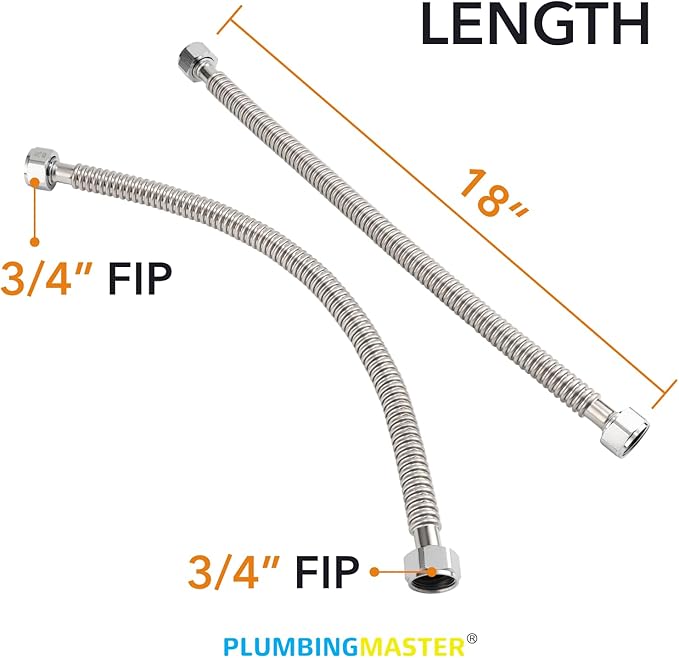 Stainless Steel Corrugated Water Heater Connector, 18-Inch, 3/4" FIP* 3/4" FIP hot and cold Corrugated Water flexible hose, Leak-Proof, 10-Year Warranty, 2-pack