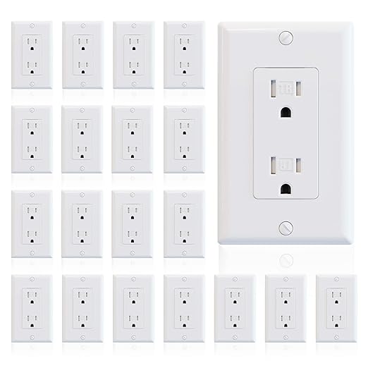 ELEGRP Decorator Wall Receptacle Outlet, Tamper Resistant 15 Amp Standard Electrical Wall Outlet, Residential Grade, Self-grounding, 125V, Wall Plate Included, UL Listed, Glossy White, 20 Pack