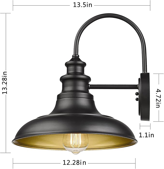 Outdoor Barn Light Fixture Farmhouse Wall Mount Light Gooseneck Wall Sconce Exterior Wall Lighting Fixture Industrial Black Finish Lantern for Porch with Gold Interior, 4Pack, RZ004-4PACK BK