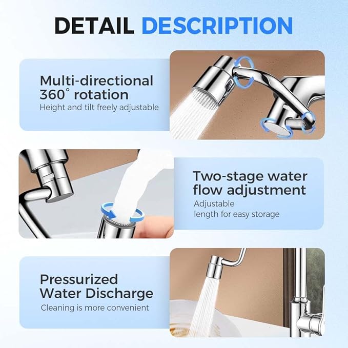Universal Sink Faucet 1440° Rotatable Faucet Aerator Extension, U Shaped Faucet Extender Adjustable Robotic Arm 2 Spray Modes for Kitchen & Bathroom (1)