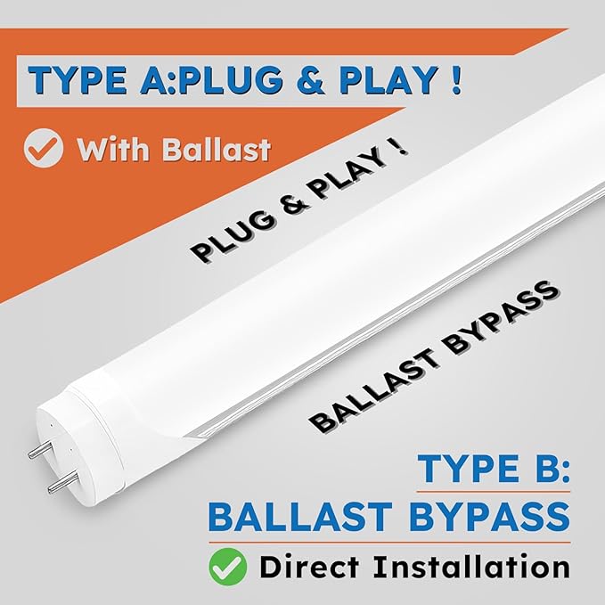 10-Pack T8 LED Tube Lights 4ft, 48 Inch Fluorescent Replacement Bulbs 2000 Lumens, 6500K Daylight White Light, Hybrid Type A+B Single/Double Ended, Clear Lens, ETL Certified