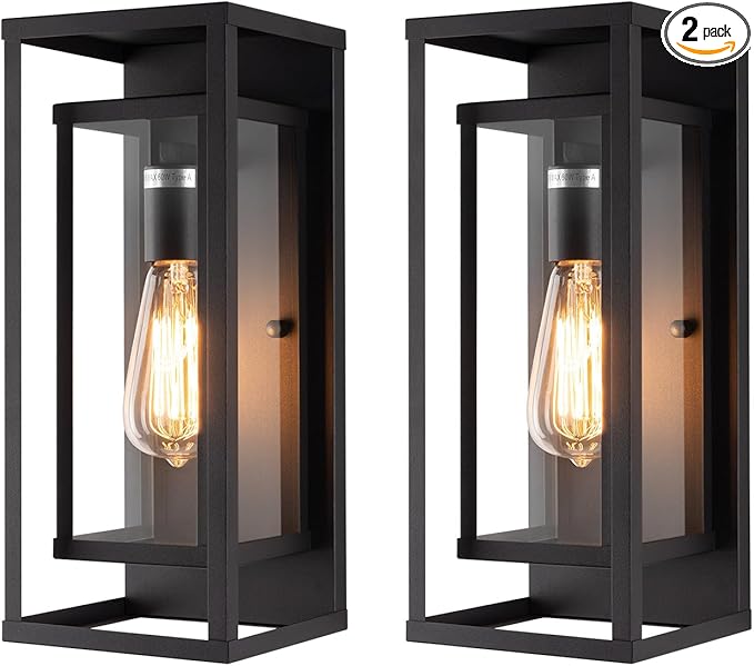 mirrea 14" Classic Outdoor Wall Sconce 1 Light in Matte Black Rectangular Metal Frame and Clear Glass Shade Waterproof Porch Light Patio Light Pack of 2