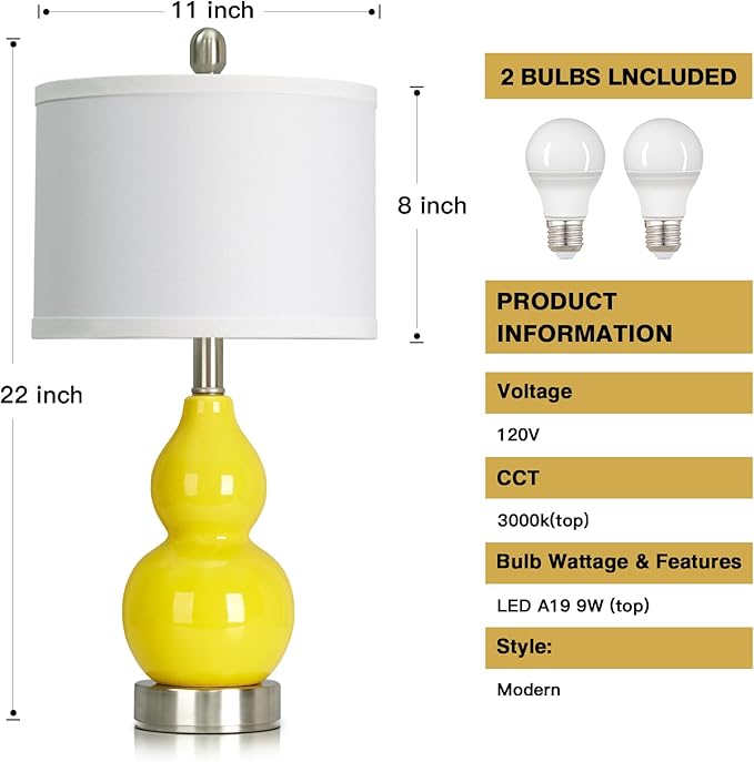 Double Gourd Ceramic Table Lamps Set of 2, Yellow Modern Bedside Lamps for Living Room, Contemporary Nightstand Desk Lamps for Bedroom End Table Home Office Decor(2 LED Bulbs Included)