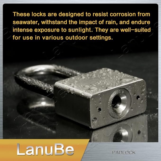 Lanube 304 Stainless Steel keyed Alike Marine Small Padlocks for Outdoor use, 1-9/16 inch Wide Body, Stainless Steel Body Long Shackle, Pack of 2