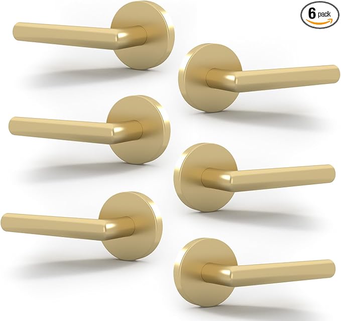 Mega Handles Ronn Dummy Door Handles - 6 Pack Heavy Duty Gold Door Handle, Non-Turning Door Handle for Hallway, Closet & French Doors, Single Side, Fits All Standard Doors - Satin Brass
