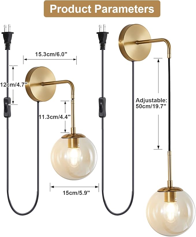 KCO Lighting Modern Plug in Wall Sconce Set of 2 Gold Glass Globe Bathroom Wall Sconce Mid Century Adjustable Wall Lamp Plug in for Corridor Bedroom Entryway (Amber & 2-Pack)