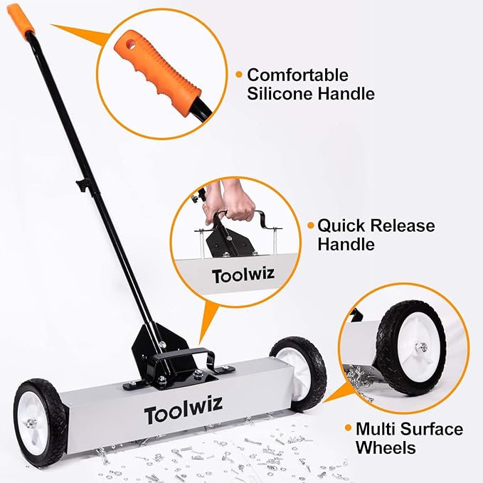 Toolwiz Magnetic Pick Up Sweeper with Wheels 24-inch Large Magnet Pickup Lawn Sweeper Roofing Tools, 33Lbs Yard Tools with Telescoping Holder and Quick Release Latch for Heavy Duty Metal Clean up
