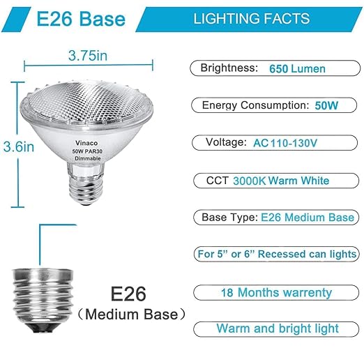 Vinaco PAR30 Halogen Bulb 50W 120V E26 Base, 6 Pack PAR30 Short Neck Halogen Long Lifespan，50W PAR 30 Dimmable 3000k Warm White，High Out PAR 30 Flood Light Instead for Flood Light Bulb Outdoor.…