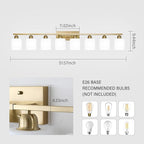 8 Light Bathroom Light Fixtures Gold for Big Mirror, Brushed Gold Vanity Lights for Bathroom with Milky White Frosted Glass Shades, 51 inch Wall Sconce for Mirrors Living Room Bedroom