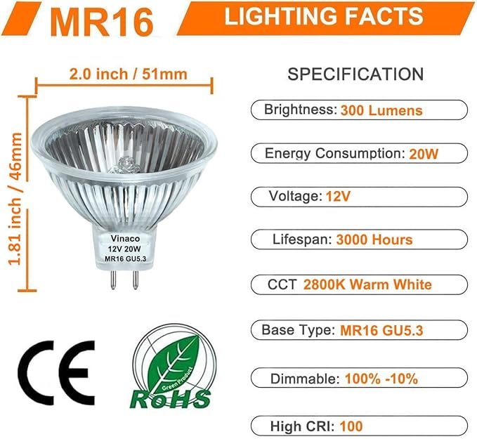 Vinaco MR16 Halogen Bulb 20W 12V, 6 Pack MR16 Bulb Dimmable, Long Lasting MR16 GU5.3 20W Bulb, 2800K Warm White with GU5.3 Base for Landscape, Track Lights, Fiber Optics, Desk Lamps