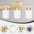 Gold Bathroom Light Fixtures, 3-Light Modern Vanity Light Over Mirror, Wall Sconces with Milky White Frosted Glass Shades, E26 Socket (Bulbs Not Included)