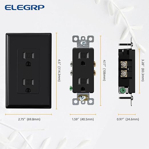 ELEGRP Decorator Wall Receptacle Outlet, Tamper Resistant 15A 125V Standard Electrical Wall Outlet, Residential Grade, Self-grounding, with Screwless Wall Plate, UL (10 Pack, Glossy Black)