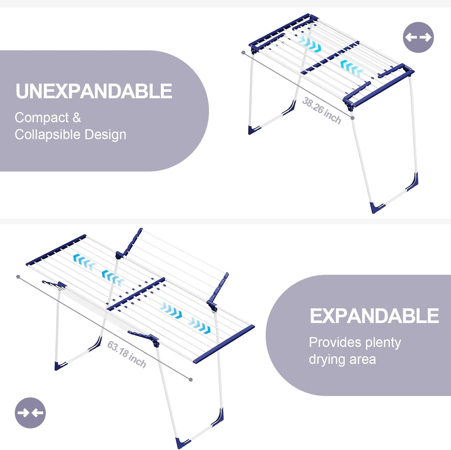 APEXCHASER Clothes Drying Rack, Foldable Gullwing Laundry Rack for Indoor Outdoor, 10pcs Clips with Bag, Collapsible Space-Saving Drying Rack for Clothes Towels Dolls, White
