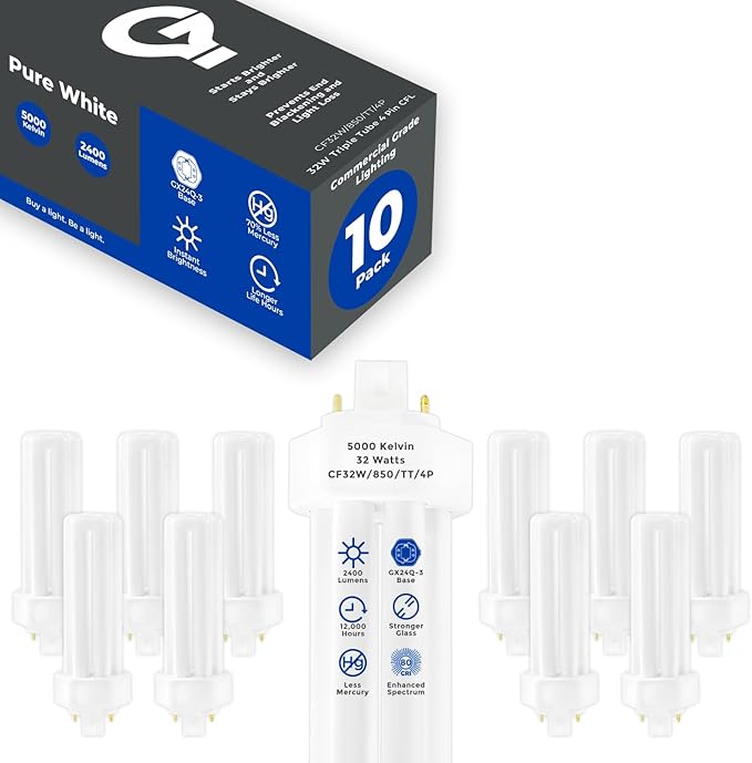 GoodBulb 32 Watt CFL Light Bulbs 4 Pin GX24Q-3 Base 5000K Daylight 32W High Output 2400 Lumens Triple Tube Compact Fluorescent Light Bulbs Plug-in 10 Pack