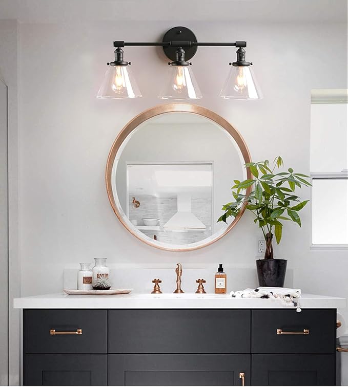 Phansthy 3-Light Wall Sconces Antique Brass Vanity Light, Industrial Wall Lamps with On Off Switch and Clear Glass Lampshade, Vintage Wall Lighting for Bathroom Living Room (Black, Cone Shade)