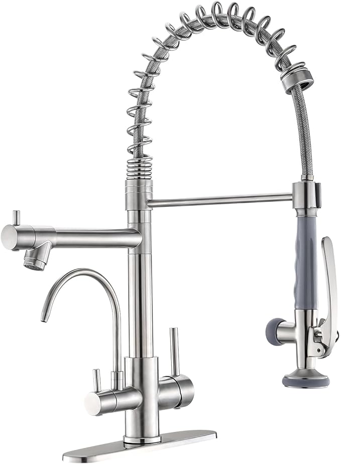 Fapully 3 in 1 Kitchen Faucet with Water Filler and Pull Down Sprayer,Brushed Nickel Commercial Kitchen Sink Faucet with Drinking Water Faucet