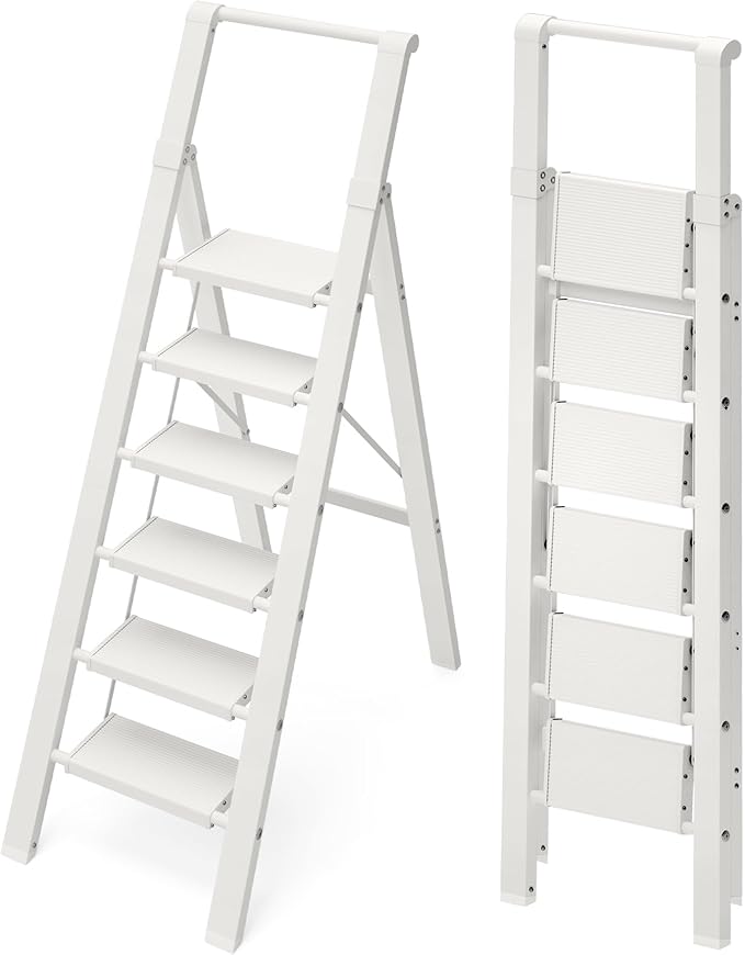 6 Step Ladder, Aluminum Folding Step Stoowith Convenient Handgrip,Lightweight 330lbs CapacityStep Ladder for Household, Ofice, Kitchen(White)