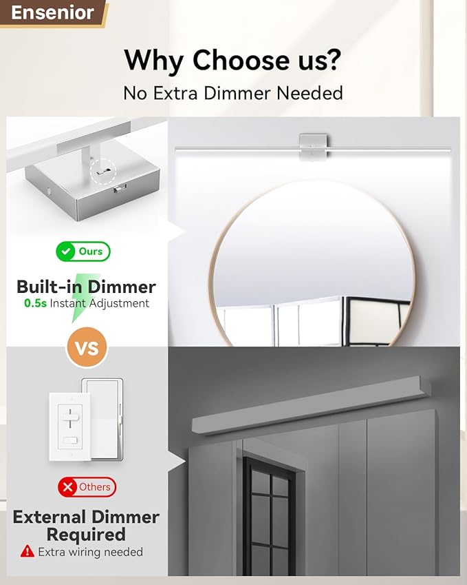 Ensenior Modern Bathroom Vanity Light 48 Inch, Built-in Dimmer, 28W Dimmable 5CCT LED Light Fixture Over Mirror, Matte Grey Bar for Mirror Cabinets Bedroom - FCC Certificated