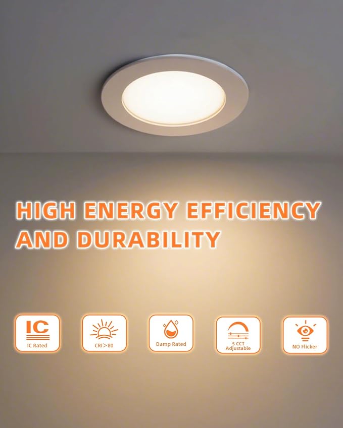 ZYC Recessed Lighting 6 Inch - 12W Ultra-Thin LED Ceiling Lights,2700-5000K Selectable,5CCT Canless Wafer Downlight,1100LM Hight Brightness,Dimmable Can Light,Pack of 24 Black.
