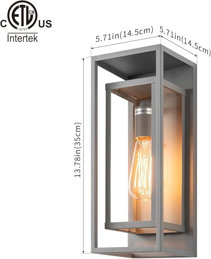 mirrea 14" Classic Outdoor Wall Sconce 1 Light in Rectangular Metal Frame and Clear Glass Shade Waterproof Porch Light Patio Light Pack of 2 (Matte Gray)